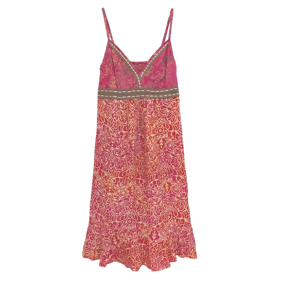 Santiki Pink Orange Batik Bohemian Floral Sun Dress Crochet Trim Smocked Back  M